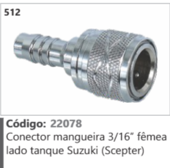 512 Código 22078 Conector mangueira 3/16" fêmea lado tanque Suzuki (Scepter)