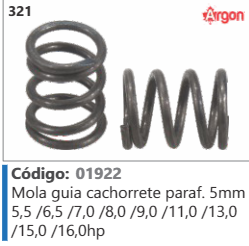 321 Código 01922 Mola guia cachorrete paraf. smm 5,5/6,5 /7,0 /8,0 /9,0 /11,0 /130 /15,0 /16,0hp ARGON