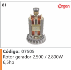 81 Código 07505 Rotor gerador 2.500 / 2.800W 6,5hp ARGON