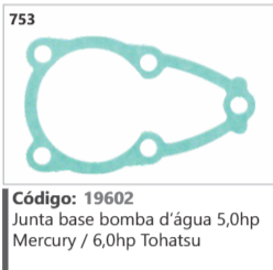 753 Código 19602 Junta base bomba d'água 5,0hp Mercury / 6,0hp Tohatsu